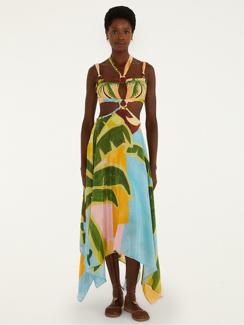 Farm Rio: Multicolor Tropical Painting CutOut Buckles Maxi Dress